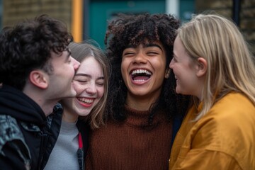 Obraz premium A joyful moment among friends captured in a candid shot. Laughter brings people closer together. This image radiates happiness and warmth. Generative AI.