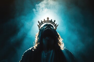 Obraz premium Silhouette of Jesus Christ Wearing a Crown in a Divine Light with Ethereal Atmosphere