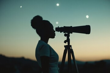 Fototapeta premium Woman Stargazing Through Telescope Under Night Sky with Celestial Bodies, Capturing the Beauty of Astronomy and Exploration in a Serene Landscape