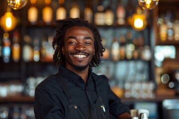 Fototapeta premium Smiling portrait of a young African American male bartender