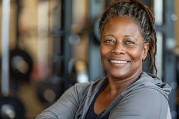 Fototapeta premium Smiling portrait of a middle aged slightly overweight woman in gym
