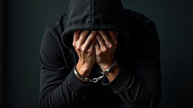 Dramatic Portrait of Handcuffed Criminal in Dark Hoodie Hiding Face, Crime and Punishment Documentary Photography