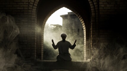 A figure in traditional attire meditates in a misty archway, evoking tranquility and reflection.