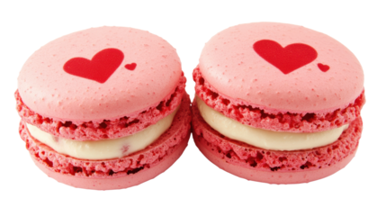 Two pink macarons with heart decoration on transparent background