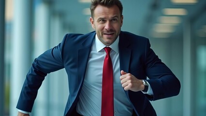 Fototapeta premium Professional Businessman Running through Modern Corporate Building Interior, Urban Business Success and Career Ambition Photography