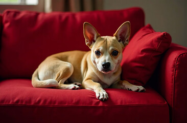 Dog lying on red sofa at home, pet resting, interior inside house. AI Generative