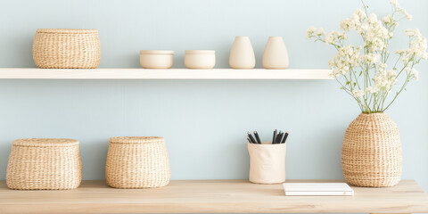 Fototapeta premium A serene and stylish interior featuring woven baskets, minimalist ceramics, and delicate flower arrangement against soft blue wall. This setup exudes calmness and organization
