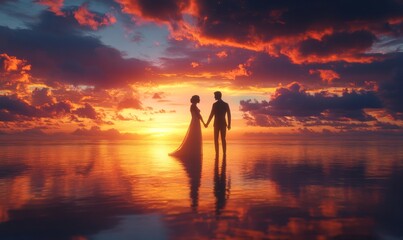 Fototapeta premium 3D newlywed couple holding hands on a beach at sunset, their silhouettes framed by vibrant orange and pink skies