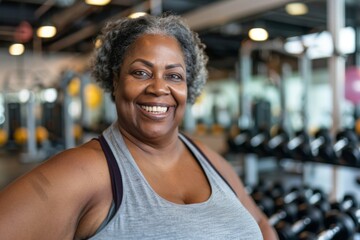 Fototapeta premium Smiling portrait of a middle aged slightly overweight woman in gym