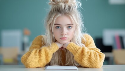Girl with light hair and sweater looks thoughtfully in a classroom setting while resting