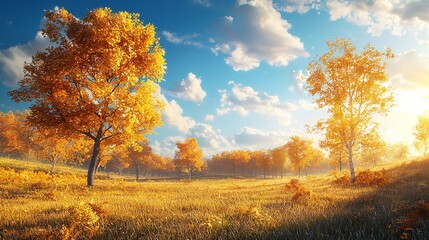 Obraz premium Sunny Autumn Landscape with Golden Trees and Blue Sky