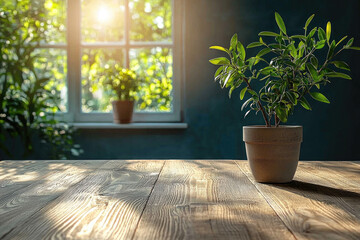 Fototapeta premium potted plant on wooden table in sunlit room