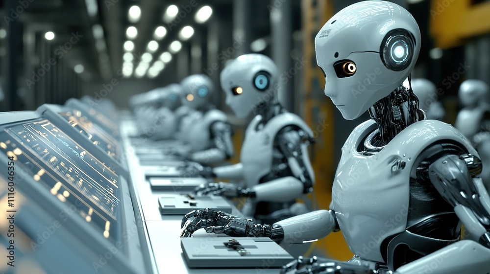Poster robots in a smart factory autonomously assembling products at high speed.