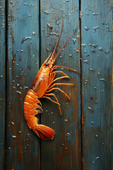 Prawn langoustine on rustic wooden table board background