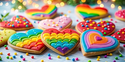 Obraz premium Assorted Heart-Shaped Love Cookies with Rainbow Frosting on White Background - Mockup Template for Artwork Design Featuring Bokeh Effect and Various Creative Designs
