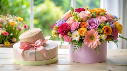 Beautiful Floral Arrangement in Round Hat Box with Pink Gift Box on White Table - Perfect Gift for Holidays, Birthdays, Weddings, and Special Occasions