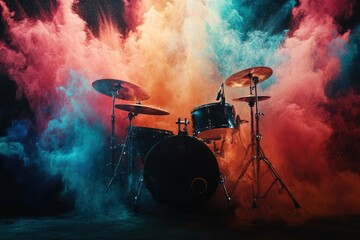 Obraz premium Vibrant Colorful Smoke Surrounding a Drum Set with Dramatic Lighting in a Musical Performance Setting for Creative Visual Arts