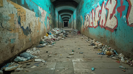 Accumulated Garbage in a Heavily Trafficked Urban Underpass at Night
