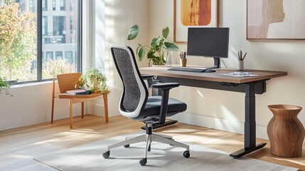 Modern home office with ergonomic chair, standing desk, and plants.