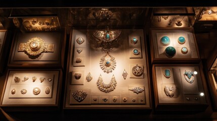 Collection of antique gold jewelry with turquoise gemstones displayed in illuminated cases.
