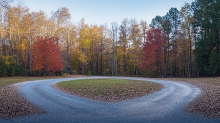 Scenic autumnal landscape with a circular gravel driveway amidst vibrant foliage.