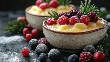 Two bowls of creamy dessert topped with berries and greenery, set on a rustic surface.