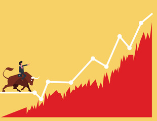 Financial Success and Business Investment. Stock exchange market bulls metaphor, Businessman riding on the bull.