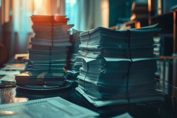 Obraz premium Collection of business analytics charts and graphs stacked on office desk