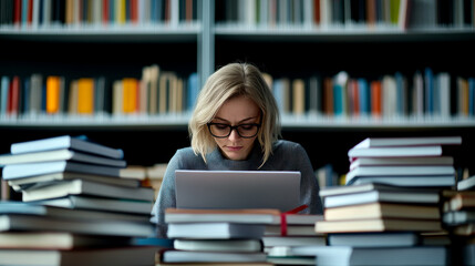 A focused individual works on a laptop surrounded by stacks of books in a library setting, emphasizing study and research.