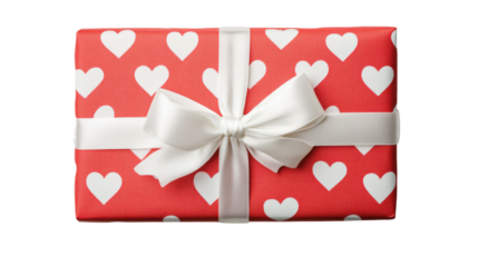 Red gift box with white ribbon and hearts pattern on transparent background