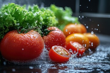 High-speed capture of a water splash with vegetables and fruits on a black backdrop