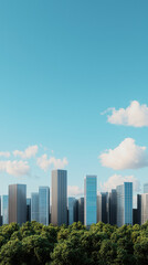 Obraz premium A modern city skyline is viewed against a clear blue sky and lush greenery, showcasing a blend of nature and urban architecture.