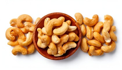 Fototapeta premium Salted Cashew Nuts in Wooden Bowl with More Nuts on White Background, Top View