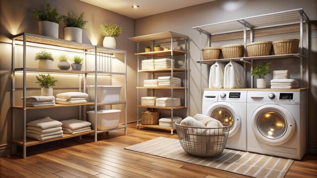Bright Modern Laundry Room Featuring Cozy White Duvet Towels, Stylish Pillows, Wicker Baskets on Adjustable Metal Storage Rack, and Chrome Wire Shelving Over Warm Wooden Flooring