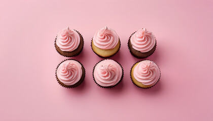 Six cupcakes with pink frosting arranged on pink background for sweet celebration