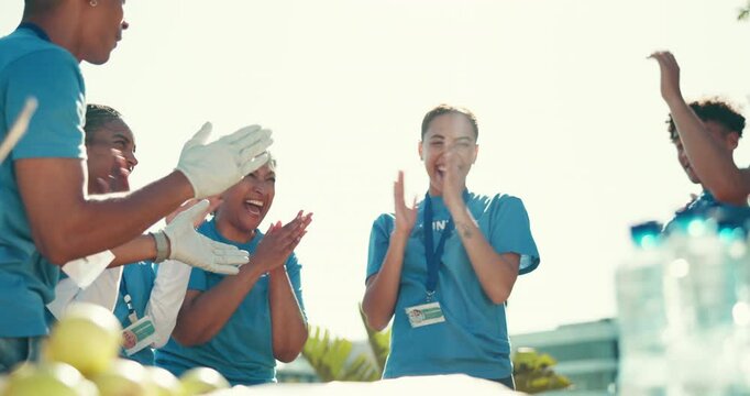 Volunteers, hands pile and motivation for group, teamwork and social responsibility in park. Excited people, applause and support for community service, non profit outreach and agreement in nature