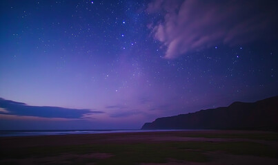 Fototapeta premium Serene night sky over a tranquil beach, stars twinkling over dark ocean and cliff. Perfect for travel, nature, and serenity themes.