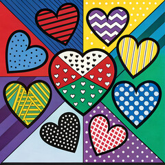 Colorful Pop Art Composition with Hearts and Geometric Patterns