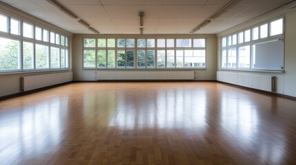 A spacious, empty room with wooden flooring and large windows, allowing natural light to illuminate the area.