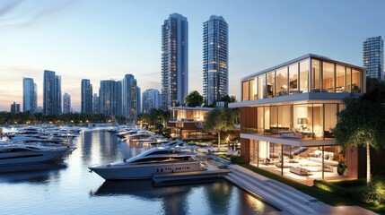 Obraz premium Luxury waterfront house with yachts at sunset, modern architecture, city skyline.