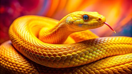 Fototapeta premium Captivating Bright Yellow Snake Coiled Gracefully Against a Vibrant Background, Showcasing Nature's Beauty and Intricacies in a Striking Composition