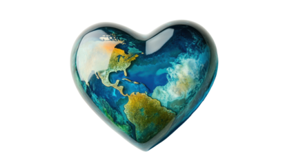 Heart shaped earth showing north and south america promoting environmental awareness with transparent background