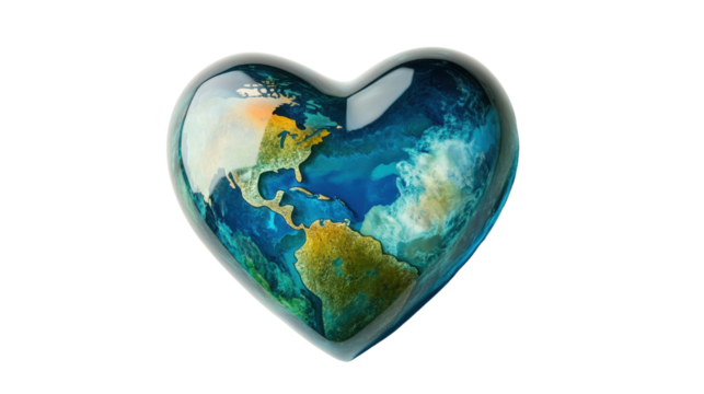 Heart shaped earth showing north and south america promoting environmental awareness with transparent background