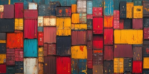Fototapeta premium Vibrant blend of weathered shipping containers creating an urban mosaic in a port warehouse on a sunny afternoon