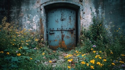 Mysterious Doorway: An antique metal door, weathered by time, is framed by lush vegetation, suggesting an entrance to a forgotten place with secrets.