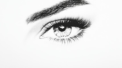 A detailed black-and-white drawing of a human eye, showcasing intricate features and textures.
