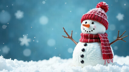 Obraz premium Cheerful snowman with red hat and scarf in a snowy winter wonderland. Copy Space