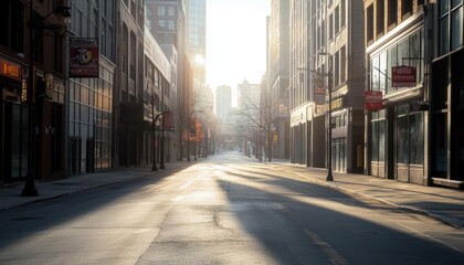 Obraz premium Empty city street illuminated by morning light.