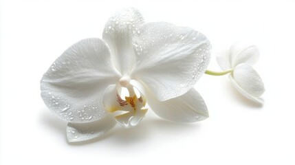 Fototapeta premium Floral Elegance: A delicate white orchid, adorned with water droplets, reveals its intricate beauty in a close-up view, showcasing the flower's gentle details, embodying purity and grace.