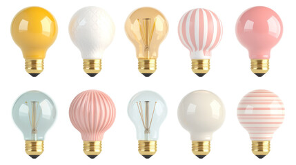 Naklejka premium A collection of decorative light bulbs in various colors and patterns, showcasing design versatility for home or commercial lighting.